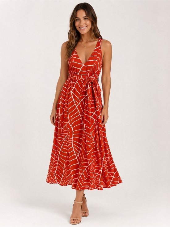 Susana Monaco Dresses & Skirts - Susan Monaco Orange White Geometric Tie Back Midi Dress Size 6